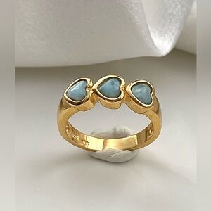 R45-High Quality Natural Caribbean Larimar 3 Hearts S925 Ring Size 8